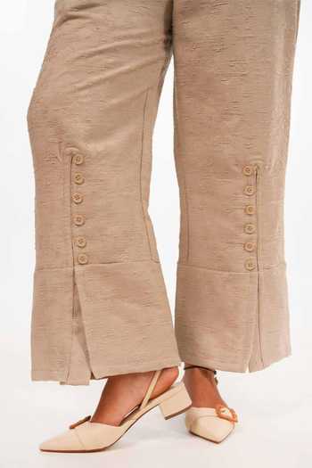 9899_Beige Jacquard Asymmetric Neck, One Shoulder Draped Sand Top And Pant Co-ord Set _Online_at_Aza_Fashions
