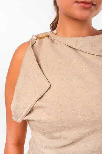 Shop_9899_Beige Jacquard Asymmetric Neck, One Shoulder Draped Sand Top And Pant Co-ord Set _at_Aza_Fashions