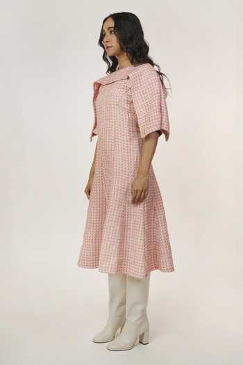 9899_Pink Tweed Shawl Neck Draped Dress _Online_at_Aza_Fashions