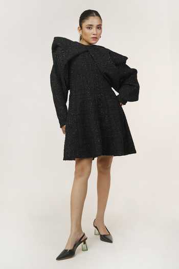 Buy_9899_Black Tweed High Neck Exaggerated Sleeve Dress _at_Aza_Fashions