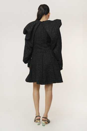 Shop_9899_Black Tweed High Neck Exaggerated Sleeve Dress _at_Aza_Fashions
