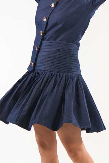 9899_Blue Denim V-neck Tailored Shirt With Fit And Flare Skirt _Online_at_Aza_Fashions