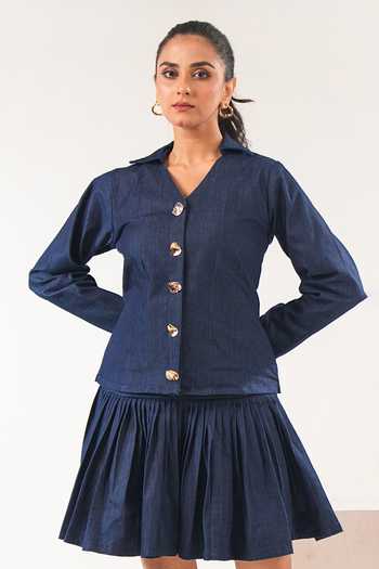 Buy_9899_Blue Denim V-neck Tailored Shirt _at_Aza_Fashions