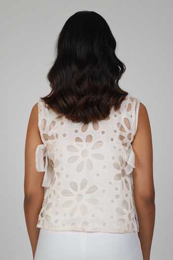 Shop_9899_White Organza, Suiting Round Neck Floral Top And Pant Set _at_Aza_Fashions