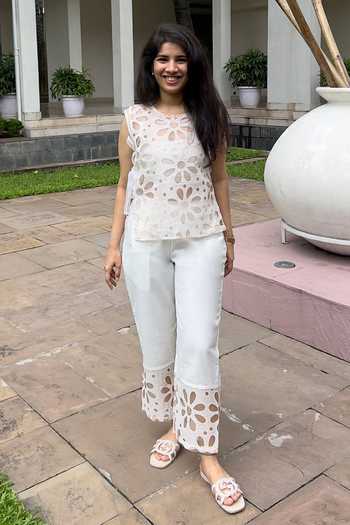 Buy_9899_White Organza, Suiting Round Neck Floral Top And Pant Set _at_Aza_Fashions