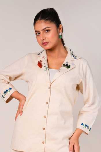 Shop_9899_Ivory Linen Collared Neck Forest Shirt And Shorts Co-ord Set _at_Aza_Fashions