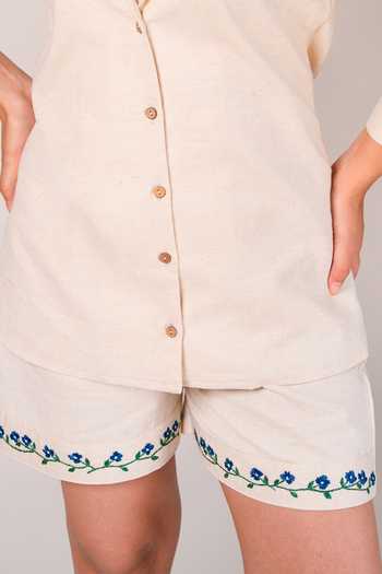 9899_Ivory Linen Collared Neck Forest Shirt And Shorts Co-ord Set _Online_at_Aza_Fashions