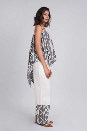 9899_Blue Denim, Suiting Bandeau Neck Frayed Bandana Top And Pant Set _Online_at_Aza_Fashions