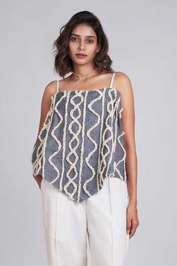 Shop_9899_Blue Denim, Suiting Bandeau Neck Frayed Bandana Top And Pant Set _Online_at_Aza_Fashions