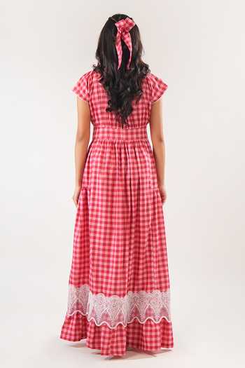 Shop_9899_Red Cotton V-neck Gingham Maxi Dress _at_Aza_Fashions