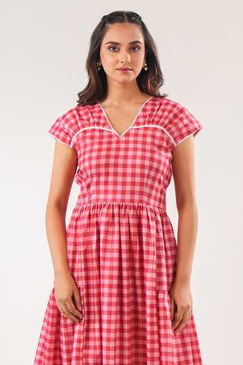 9899_Red Cotton V-neck Gingham Maxi Dress _Online_at_Aza_Fashions