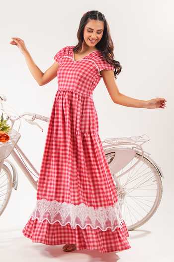 Shop_9899_Red Cotton V-neck Gingham Maxi Dress _Online_at_Aza_Fashions