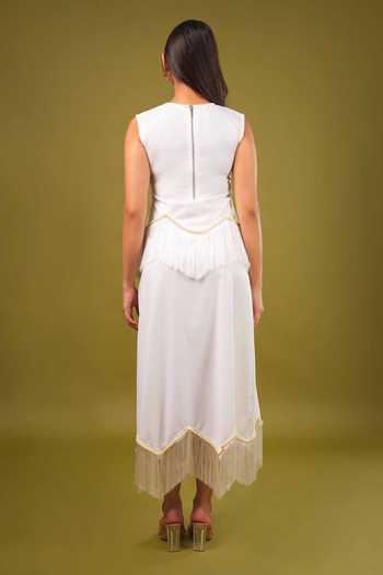 Shop_9899_White Suiting Round Neck Fringed Top And Skirt Co-ord Set _at_Aza_Fashions