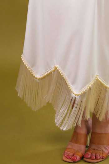 Buy_9899_White Suiting Round Neck Fringed Top And Skirt Co-ord Set _Online_at_Aza_Fashions