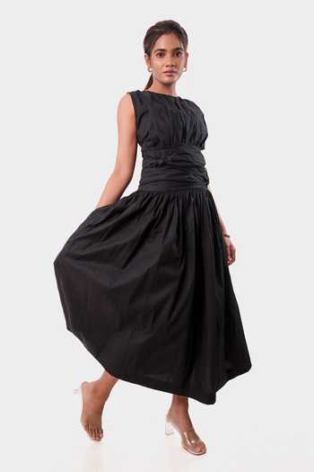 Shop_9899_Black Cotton Crew Neck Knotted Gathered Dress _at_Aza_Fashions