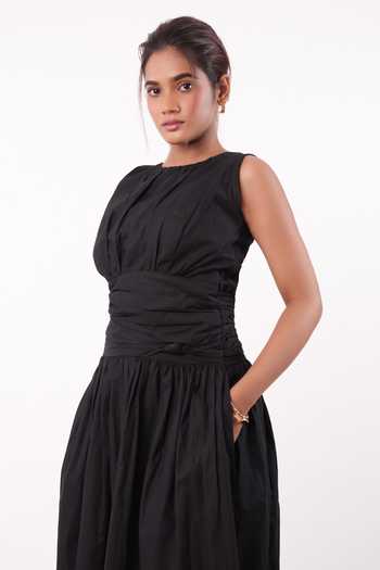 Buy_9899_Black Cotton Crew Neck Knotted Gathered Dress _Online_at_Aza_Fashions