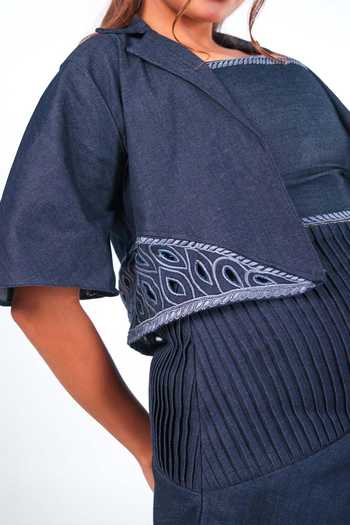 9899_Blue Denim Collared Neck Midnight Cutwork Jacket And Skirt Co-ord Set _Online_at_Aza_Fashions