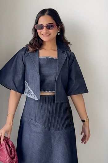 Shop_9899_Blue Denim Collared Neck Midnight Cutwork Jacket And Skirt Co-ord Set _Online_at_Aza_Fashions