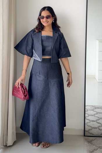 Buy_9899_Blue Denim Collared Neck Midnight Cutwork Jacket And Skirt Co-ord Set _at_Aza_Fashions