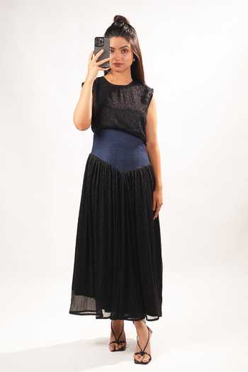 Buy_9899_Blue Denim Round Neck Moonlight Waist Dress _Online_at_Aza_Fashions