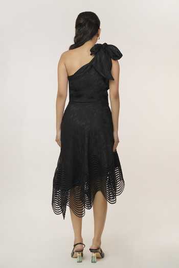 Shop_9899_Black Cotton, Leather One Shoulder Lace Dress _at_Aza_Fashions
