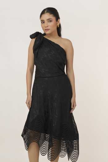 9899_Black Cotton, Leather One Shoulder Lace Dress _Online_at_Aza_Fashions