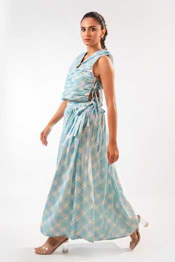 9899_Blue Cotton Cowl Neck Pastel Plaid Top And Skirt Co-ord Set _Online_at_Aza_Fashions
