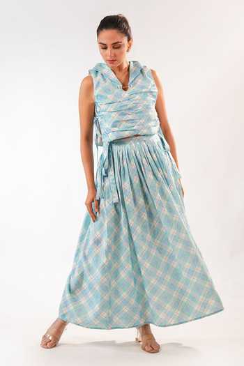 Buy_9899_Blue Cotton Cowl Neck Pastel Plaid Top And Skirt Co-ord Set _at_Aza_Fashions