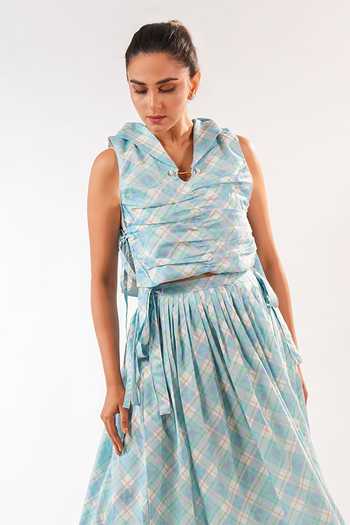 Buy_9899_Blue Cotton Cowl Neck Pastel Plaid Top And Skirt Co-ord Set _Online_at_Aza_Fashions