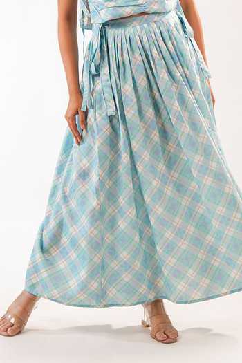 Shop_9899_Blue Cotton Cowl Neck Pastel Plaid Top And Skirt Co-ord Set _Online_at_Aza_Fashions