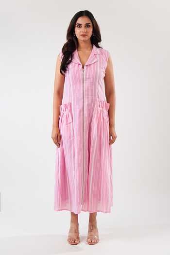 9899_Pink Cotton Notched Neck Stripe Midi Dress _Online_at_Aza_Fashions