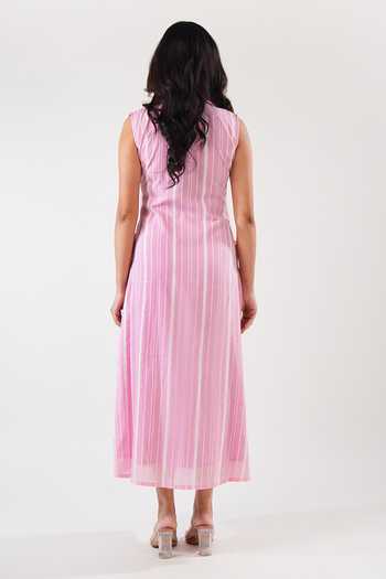 Shop_9899_Pink Cotton Notched Neck Stripe Midi Dress _at_Aza_Fashions