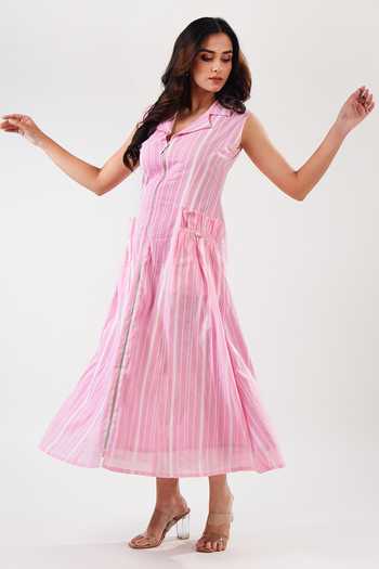Buy_9899_Pink Cotton Notched Neck Stripe Midi Dress _at_Aza_Fashions