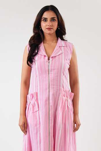 Buy_9899_Pink Cotton Notched Neck Stripe Midi Dress _Online_at_Aza_Fashions