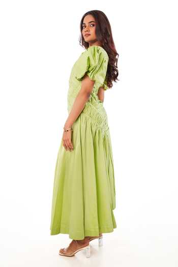 Shop_9899_Green Cotton Satin Round Neck Pleated Midi Dress _at_Aza_Fashions