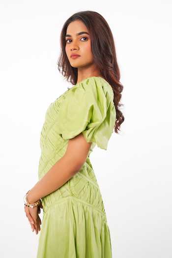 9899_Green Cotton Satin Round Neck Pleated Midi Dress _Online_at_Aza_Fashions