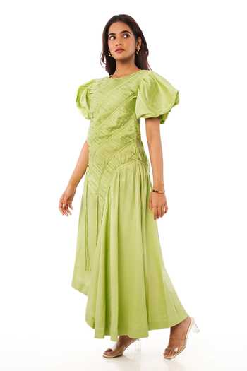 Buy_9899_Green Cotton Satin Round Neck Pleated Midi Dress _Online_at_Aza_Fashions