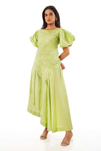 Shop_9899_Green Cotton Satin Round Neck Pleated Midi Dress _Online_at_Aza_Fashions