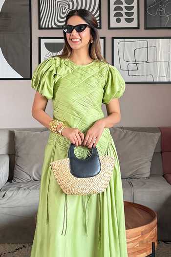 9899_Green Cotton Satin Round Neck Pleated Midi Dress _at_Aza_Fashions