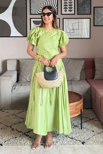 Buy_9899_Green Cotton Satin Round Neck Pleated Midi Dress 