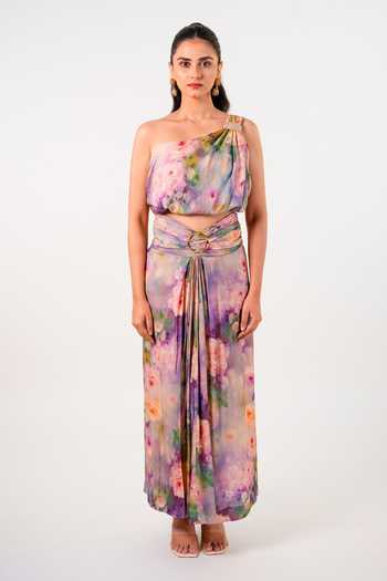 Buy_9899_Multi Color Muslin One Shoulder Rose Draped Top And Skirt Co-ord Set _at_Aza_Fashions