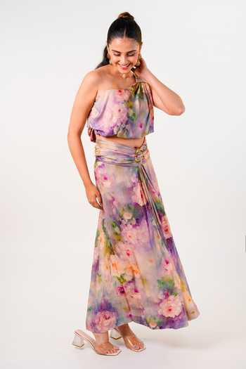 Shop_9899_Multi Color Muslin One Shoulder Rose Draped Top And Skirt Co-ord Set _at_Aza_Fashions