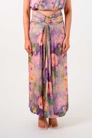 9899_Multi Color Muslin One Shoulder Rose Draped Top And Skirt Co-ord Set _Online_at_Aza_Fashions