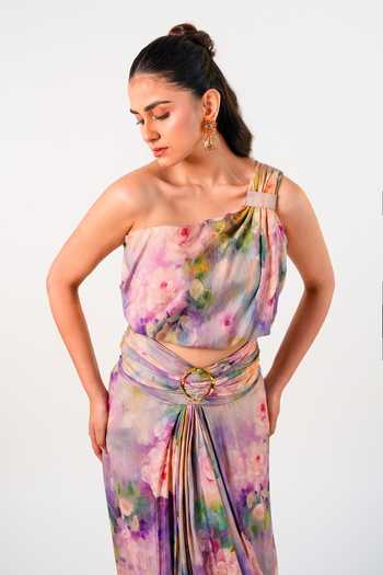 Buy_9899_Multi Color Muslin One Shoulder Rose Draped Top And Skirt Co-ord Set _Online_at_Aza_Fashions