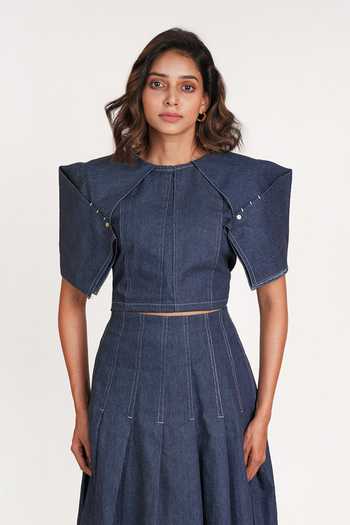 9899_Blue Denim Round Neck Sculpted Top And Skirt Co-ord Set _Online_at_Aza_Fashions