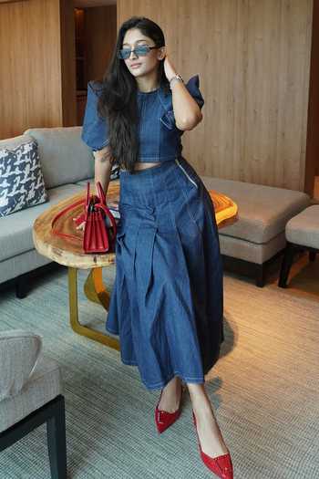 Buy_9899_Blue Denim Round Neck Sculpted Top And Skirt Co-ord Set _at_Aza_Fashions