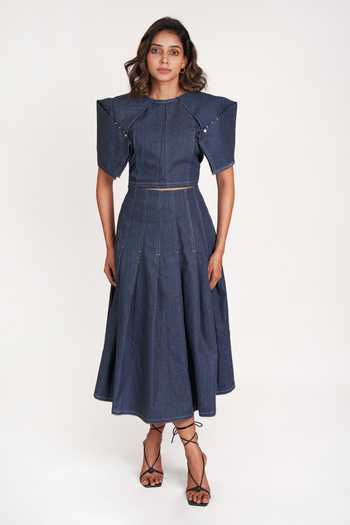 Shop_9899_Blue Denim Round Neck Sculpted Top And Skirt Co-ord Set _at_Aza_Fashions