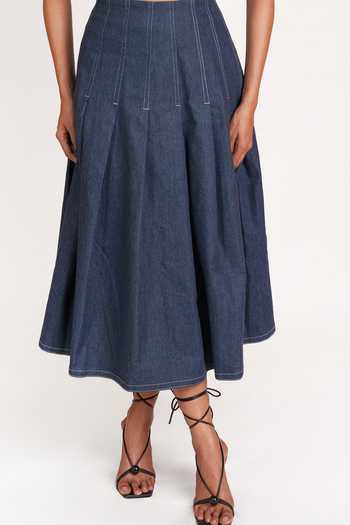 Buy_9899_Blue Denim Round Neck Sculpted Top And Skirt Co-ord Set _Online_at_Aza_Fashions