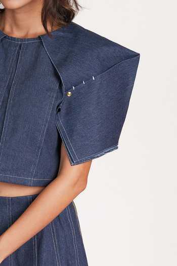 Shop_9899_Blue Denim Round Neck Sculpted Top And Skirt Co-ord Set _Online_at_Aza_Fashions