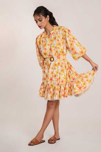 Shop_9899_Orange Cotton Mandarin Collar Summer Daisy Dress _at_Aza_Fashions